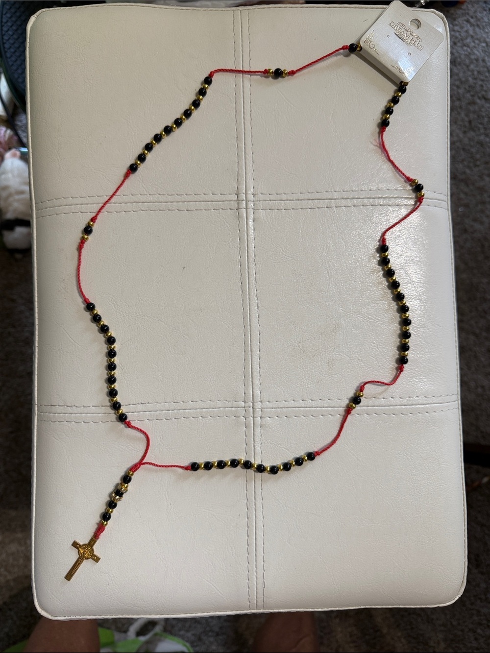 Red Cord Rosary with Black Beads and Gold Cross